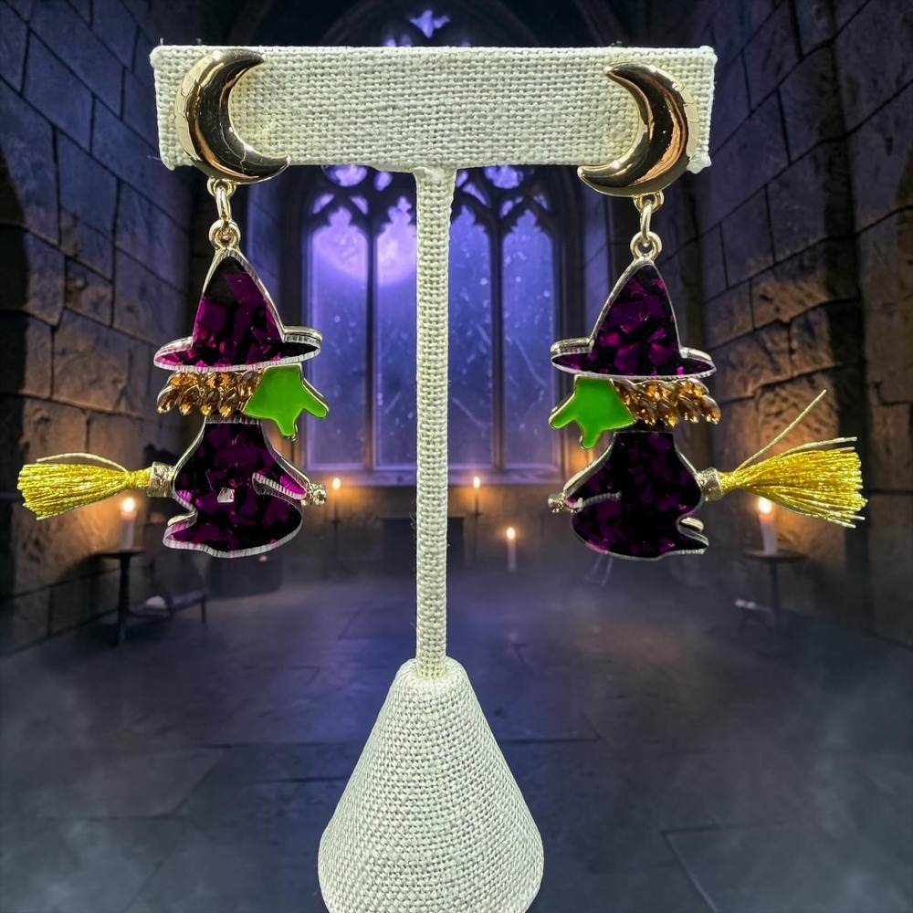 Madison Tyler Halloween Witch Earrings Purple Glitter Moon Tassel Statement Glam